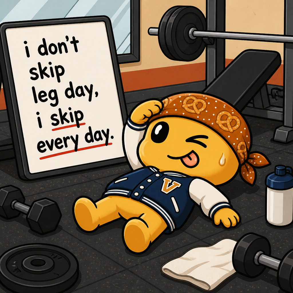 Meme: a doughie at the gym: "i don't skip leg day, i skip every day."