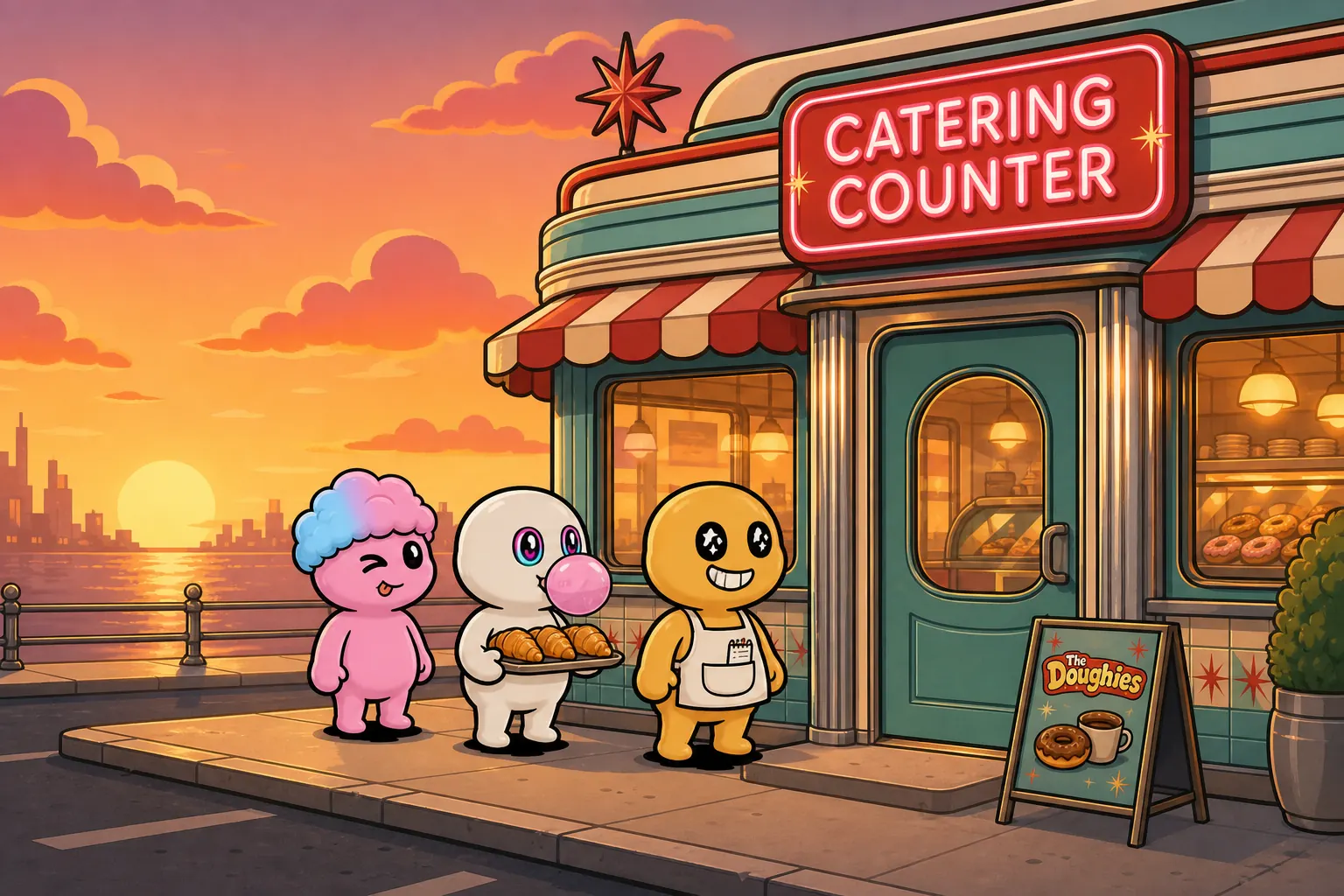 The Doughies catering counter, a retro diner counter stacked with baked goods