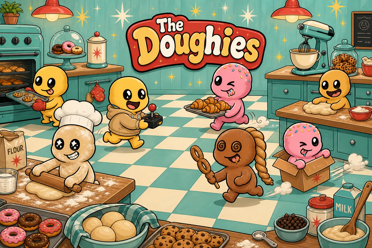 The Doughies game room, counter stools lined up and the daily special board lit