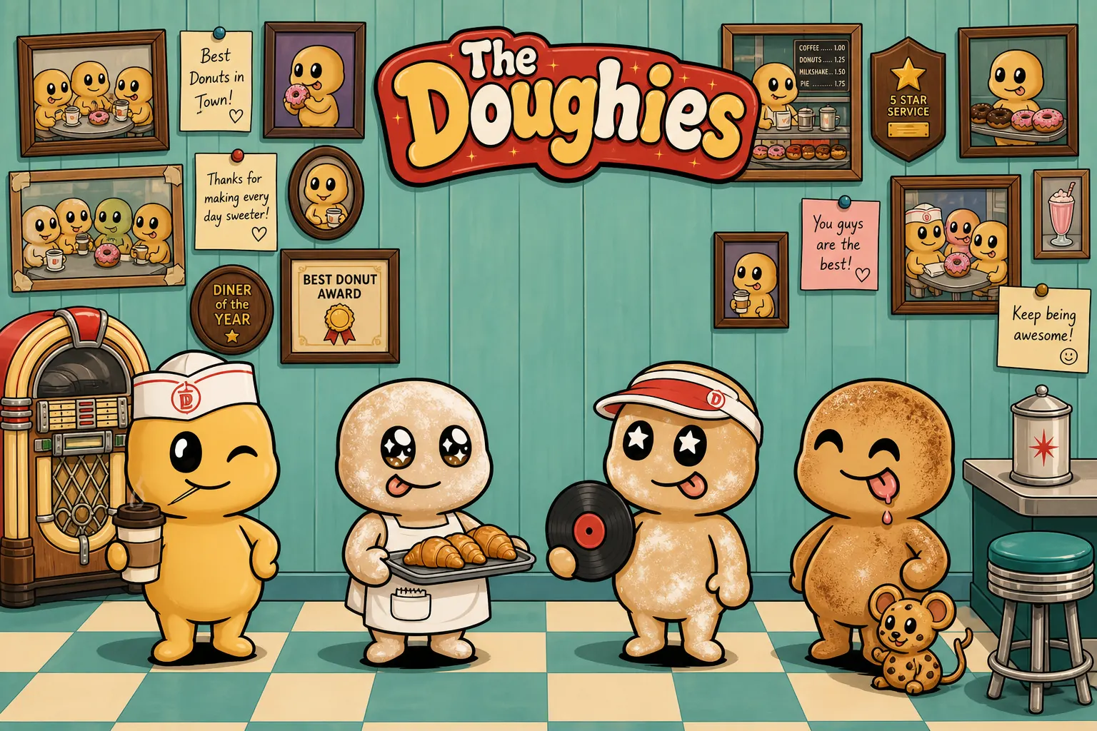 The diner wall of fame, crowded with framed Doughies, awards, and thank-you notes