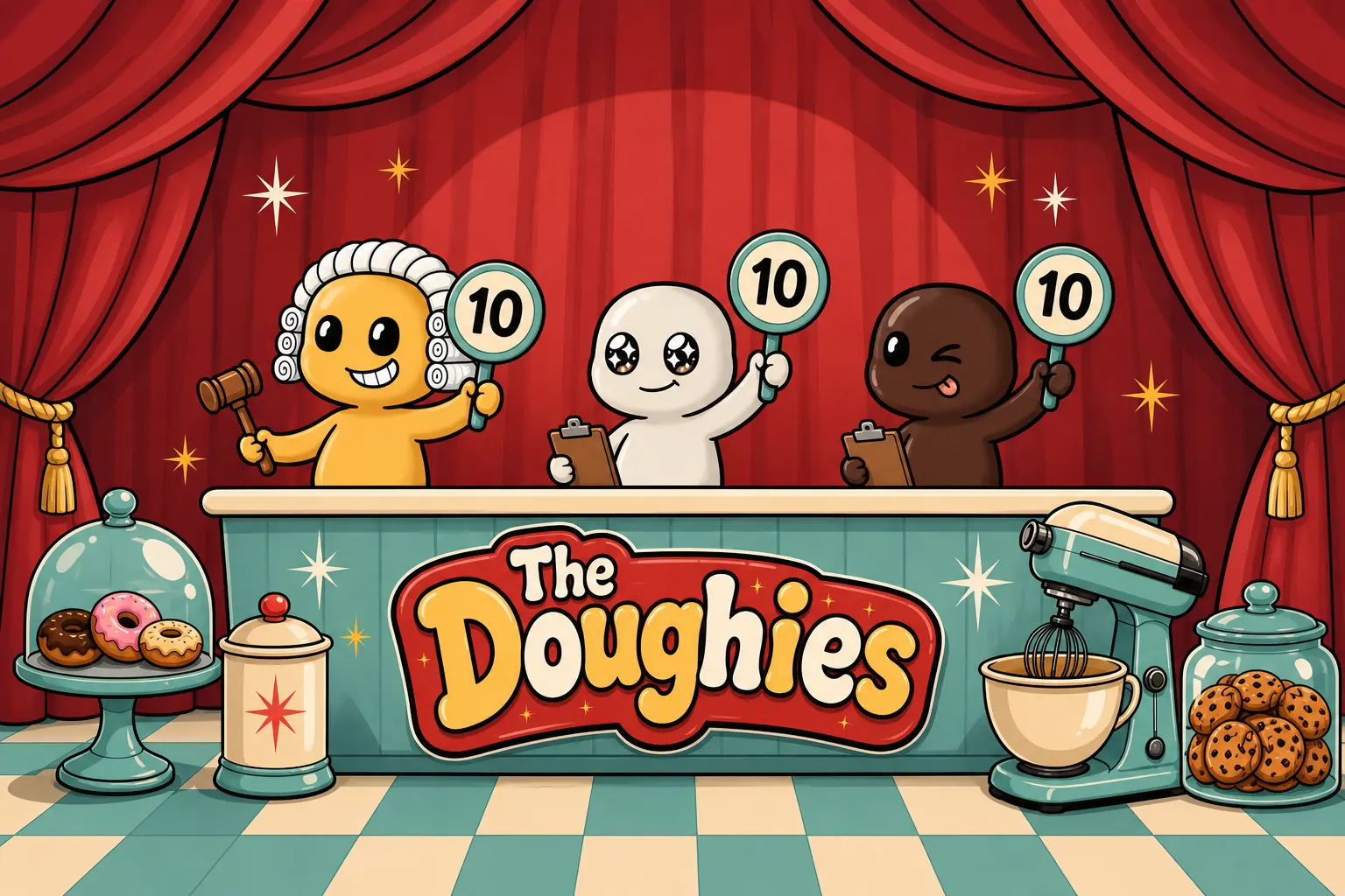 Doughies presenting their bakes on the Bake-Off stage while the judges look on
