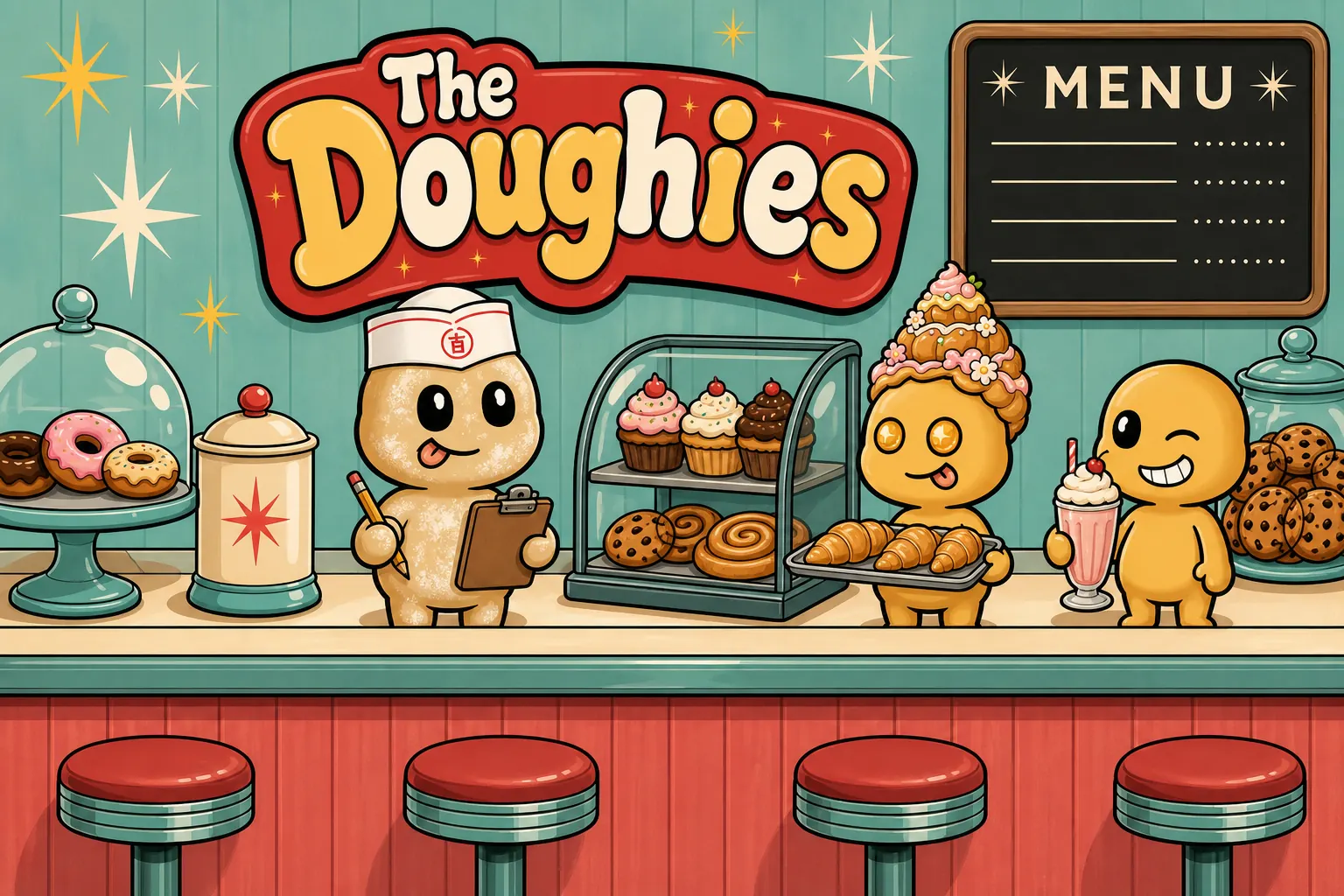Doughies working the catering counter, taking orders at the register