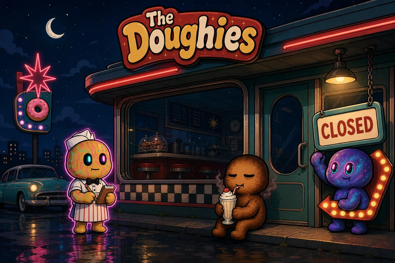 The Doughies kitchen with the lights off and a closed sign