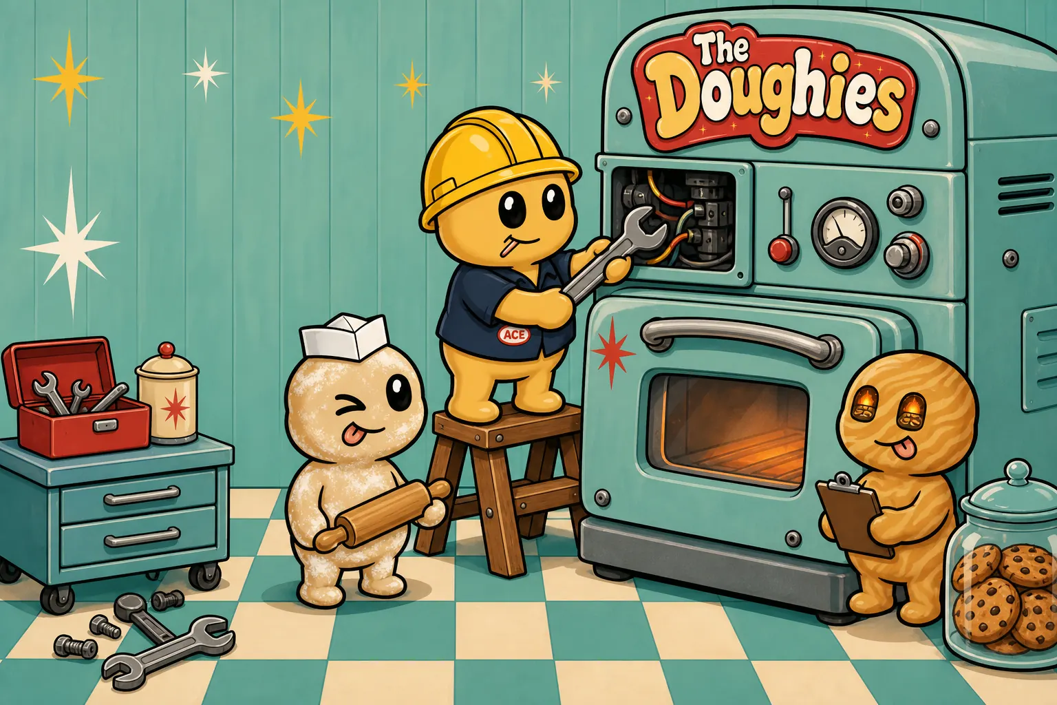 A Doughie tightening bolts on the big oven