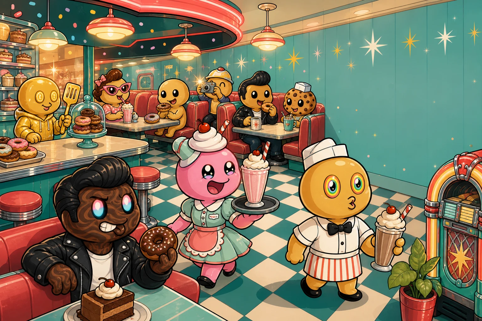 A packed Doughies diner — characters sharing milkshakes, doughnuts, and booths