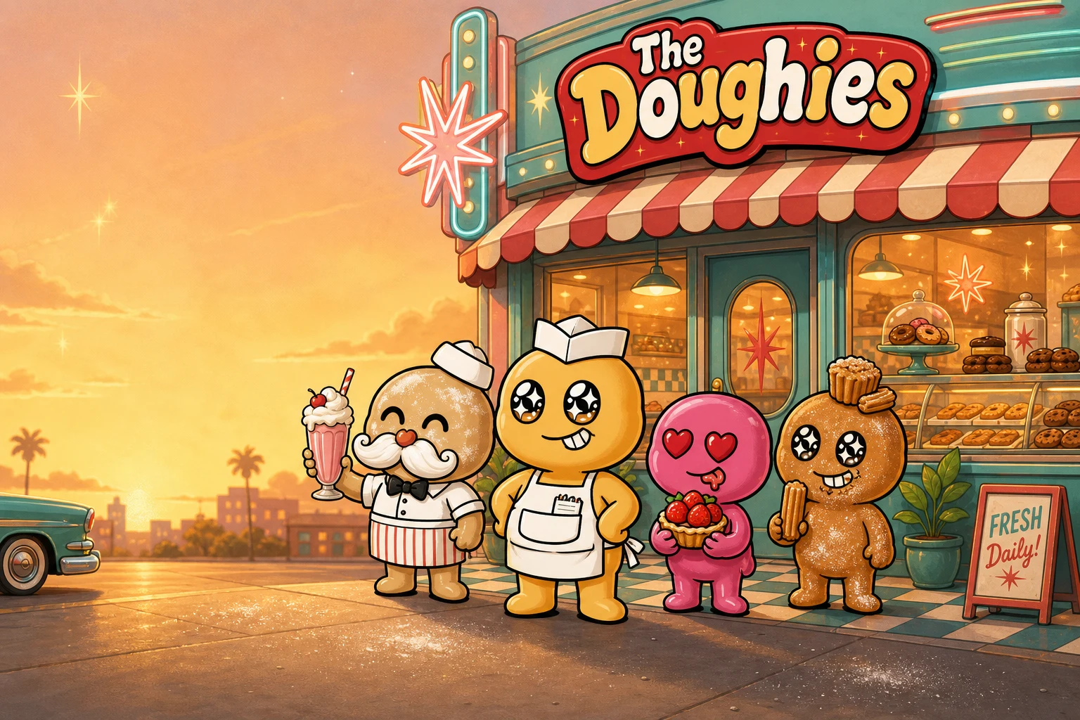 Doughies characters lined up outside their retro bakery at sunset