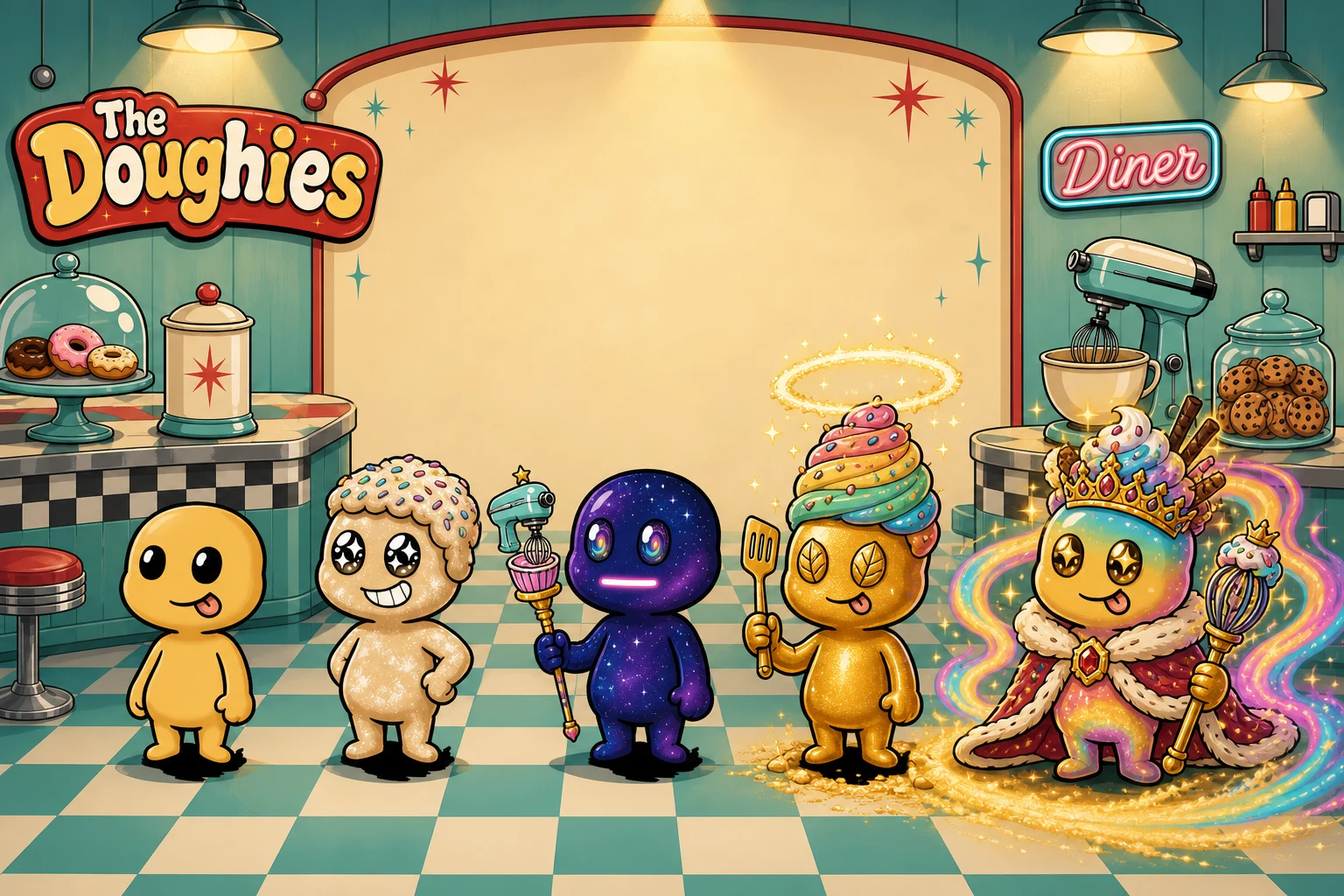 Doughies lined up from common dough to a shimmering legendary, showing how rare each bake can get