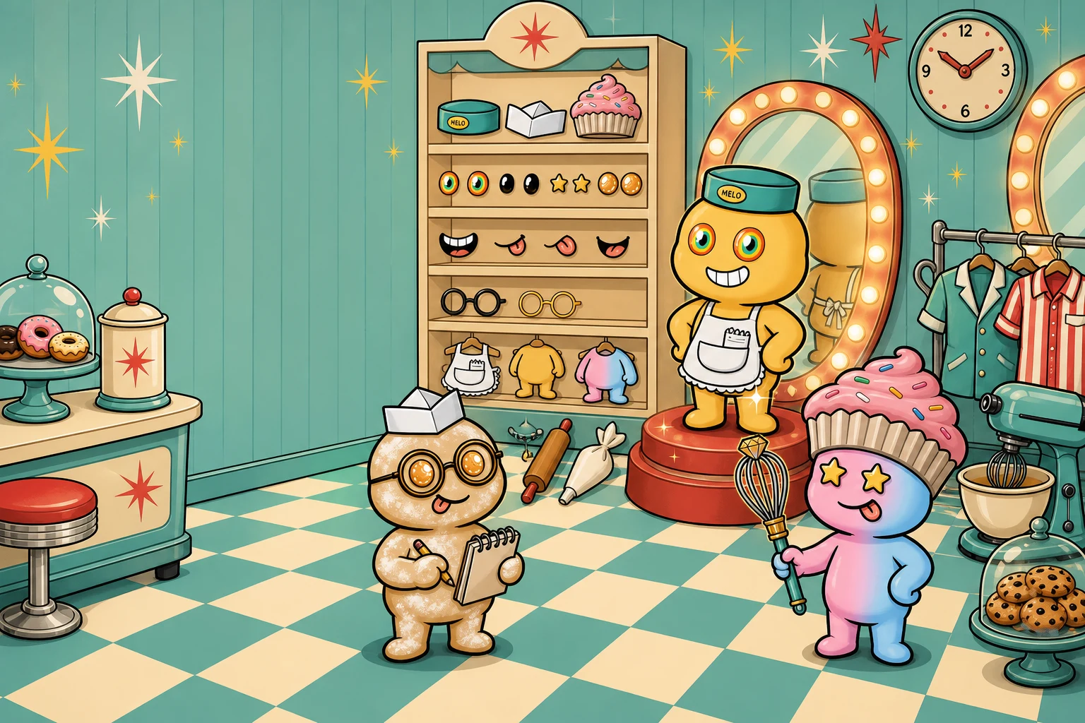 Doughies trying on traits inside the bakery's dressing room