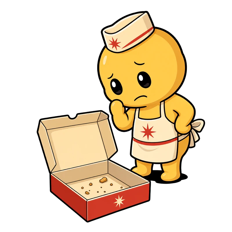 A worried Doughie staring into an empty pastry box