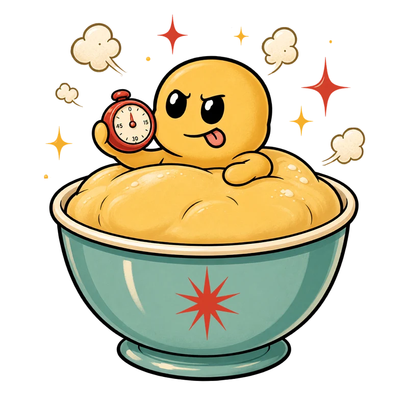 A doughie in a mixing bowl impatiently holding an egg timer